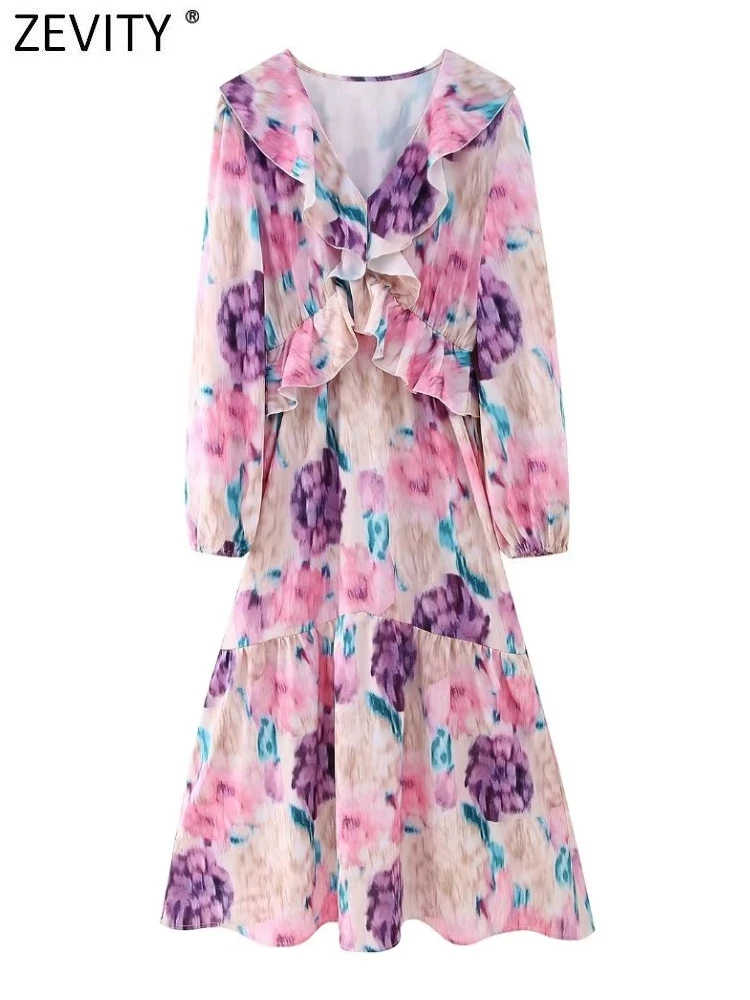 

Женское приталенное платье Zevity, с V-образным вырезом, складками и чернильным рисунком, офисное шикарное платье с длинным рукавом, DS3317