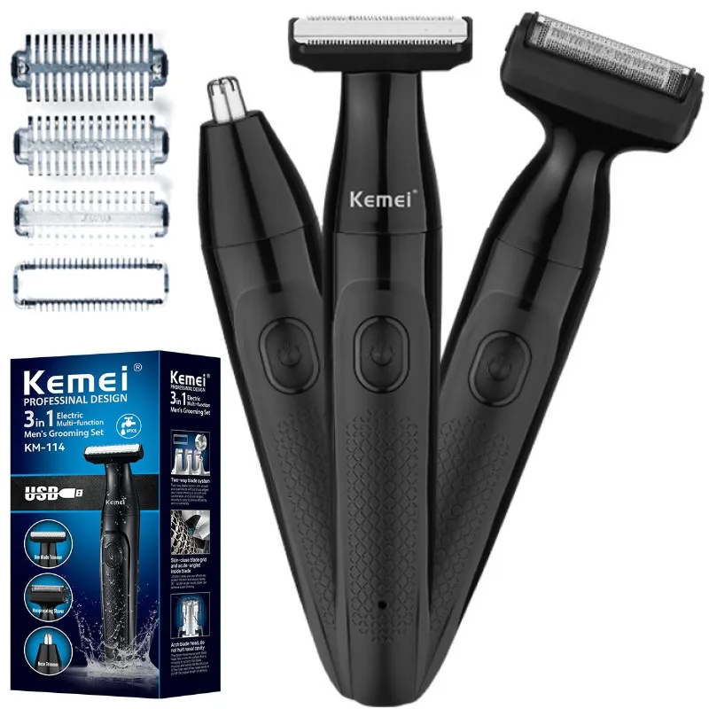 

Kemei Electric Shaver Waterproof Razor 3 In 1 Nose Ear Beard Pubic Hair Trimmer Body Ball Groomer Multifunction Men Grooming Set