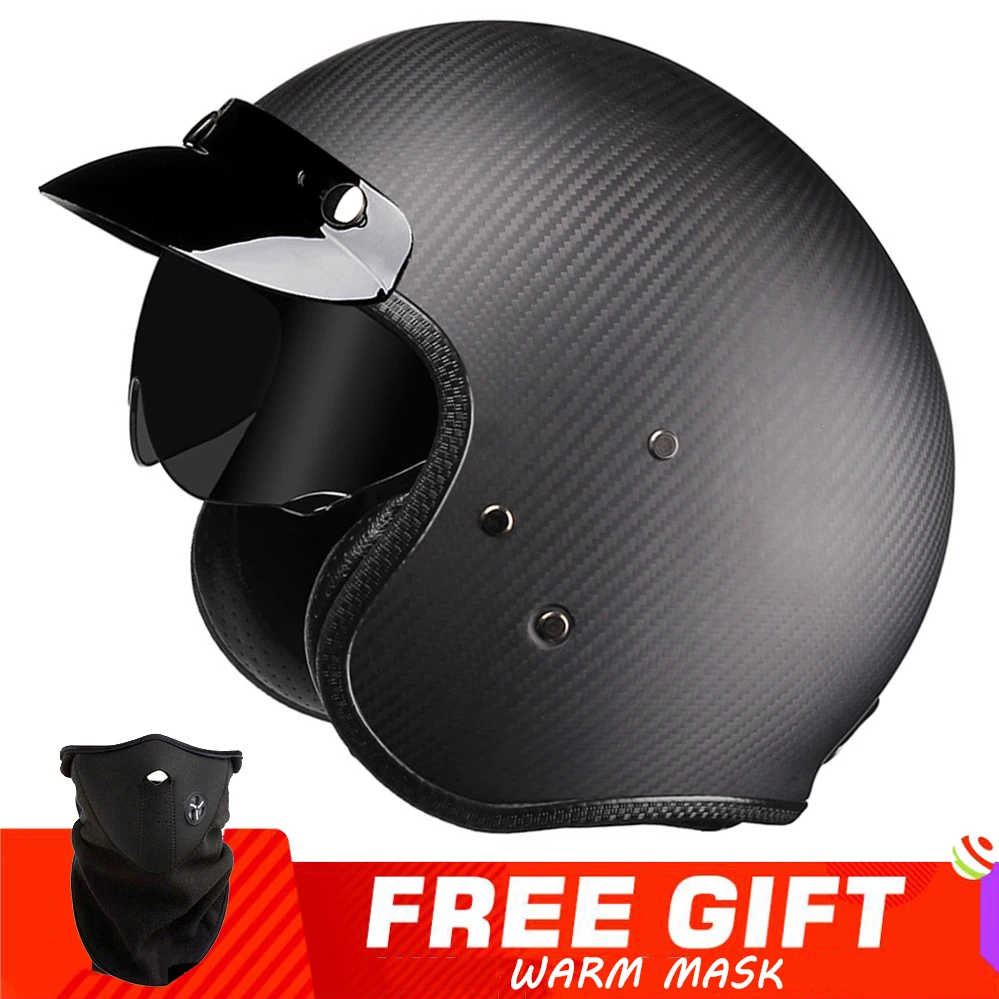 

Genuine Vintage Carbon Fiber Open Face Motorcycle Helmet Cafe Racer Retro Motocross Racing Jet Casque Motorbike Scooter Casco