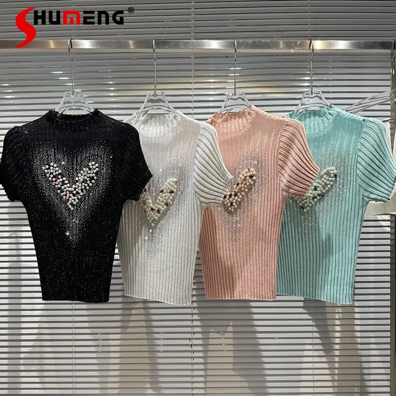 

2023 Spring Summer New Fashion Elegant Love Beaded Rhinestone Knitted T-shirt Women Simple Trendy Bright Silk Ice Silk Tops