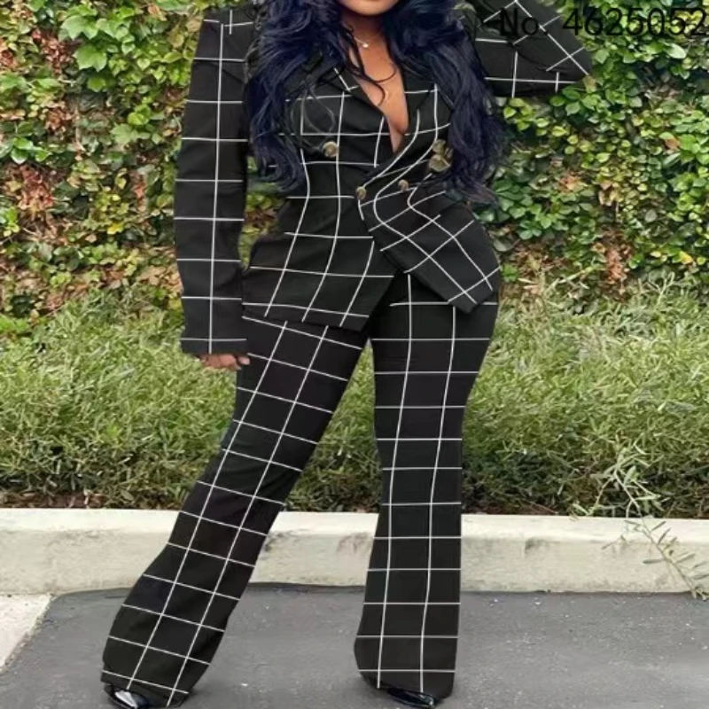 

Женский офисный костюм из двух предметов, клетчатый пиджак с отложным воротником и брюки с широкими штанинами