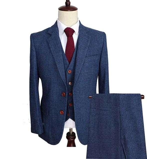 

2023 New Men Wool Tweed Suits Lapel Notch Herringbone Tuxedos Blazer Slim Fit Winter Wedding Groom 3 Pieces (Blazer+Vest+Pants)