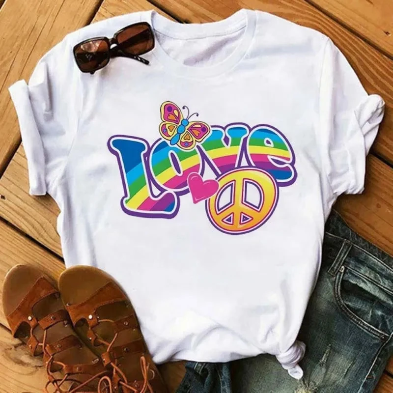 

Футболка Peace Love Женская с коротким рукавом, топ с принтом для отдыха, повседневная одежда в стиле Харадзюку, на лето