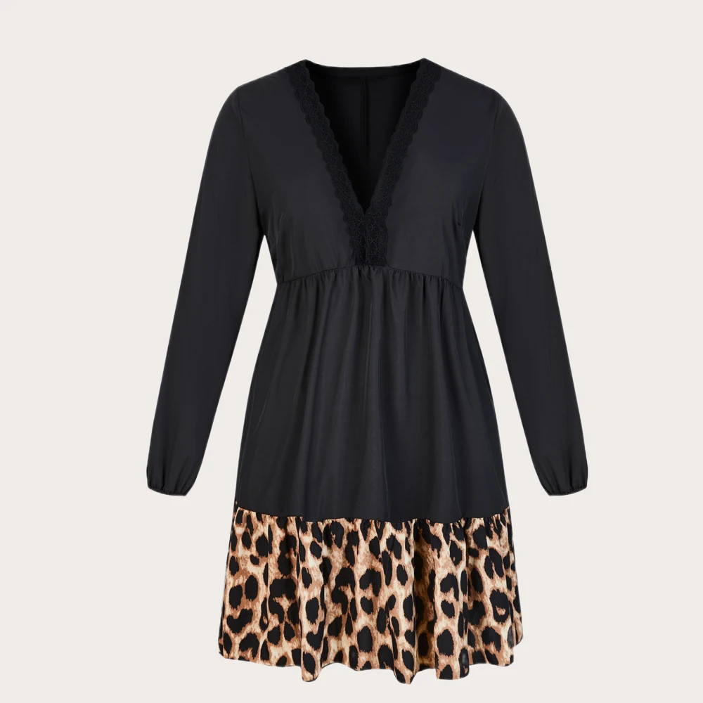 Women Plus Size 4XL Leopard Print Tunic Midi Shirt Dress 2022 Autumn Lace Long Sleeve Black Fashion Elegant Clothing Vestido