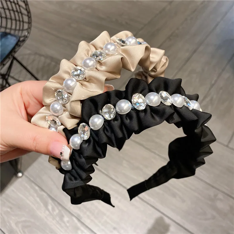 

3 Colors Cloth Folding Pearl Rhinestone Headbands For Women Girl Diamond Luxury Hair Accessories Washing Face Hairbands