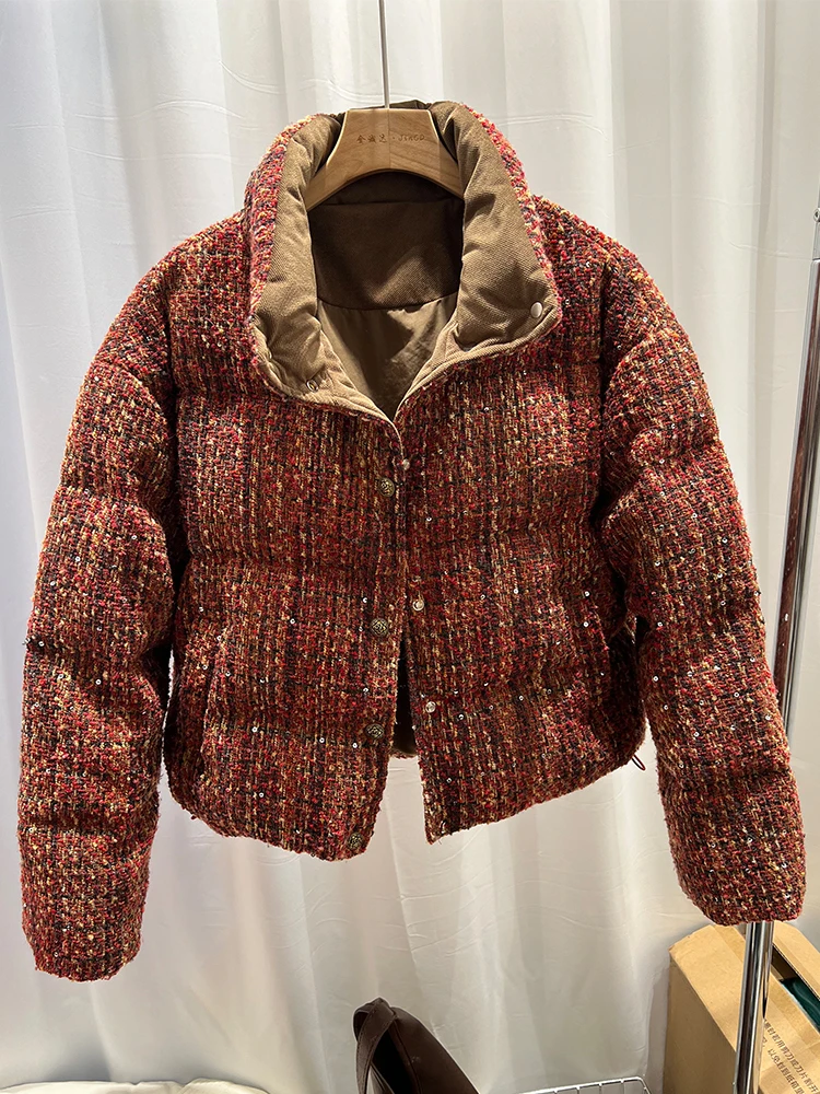 Зимнее новое дизайнерское пуховое пальто для женщин с утолщенной тканой