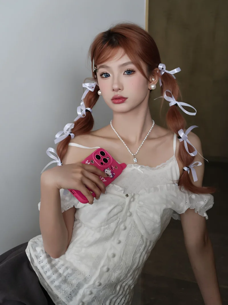 

Женская винтажная рубашка с кружевом, белая приталенная блузка с пышными рукавами и воротником-лодочкой, в винтажном стиле, Y2k, лето