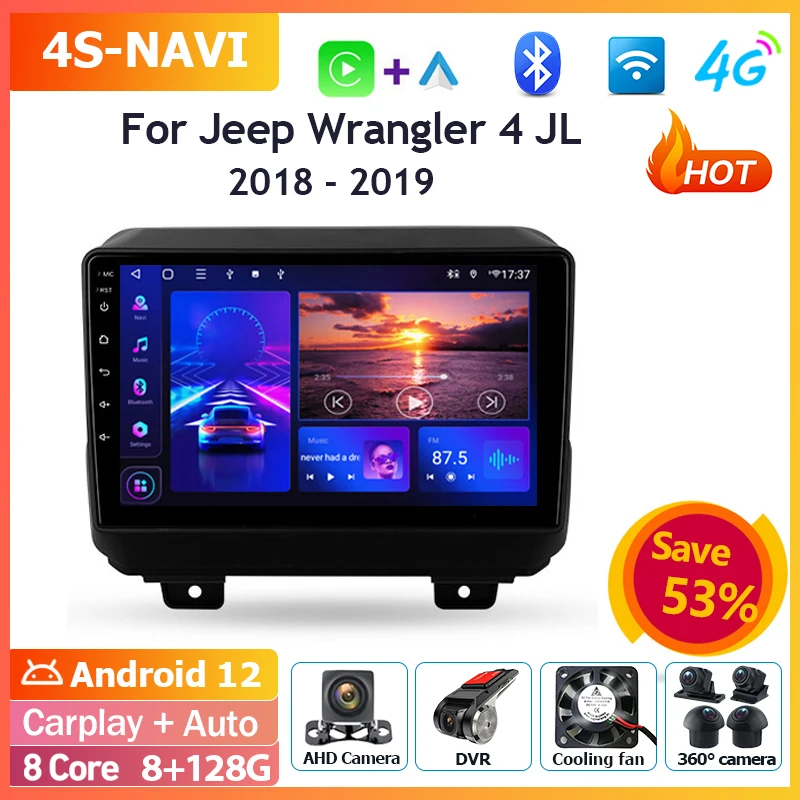 

Автомобильный радиоприемник, мультимедийный плеер для Jeep Wrangler 4 JL 2018 - 2019 Android, автомобильный экран, навигация GPS, головное устройство Carplay Bluetooth 4G