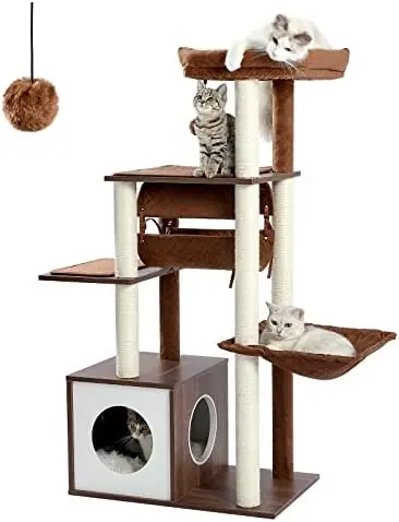 

51,4 дюймов современное дерево для кошек Премиум 6 уровней Деревянная башня для кошек с полностью покрытыми сизалем когтеточками, уютное Кондо, вместительное ПЭ