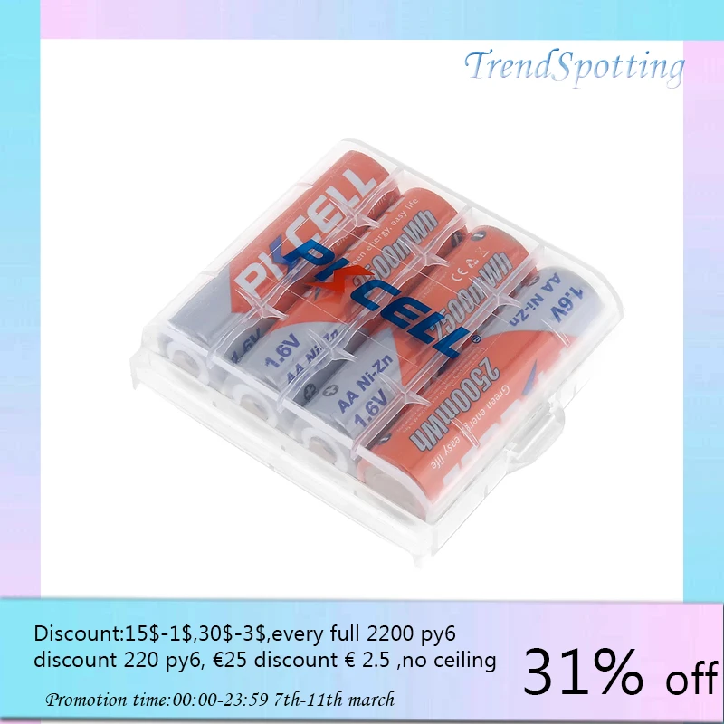 

4PC PKCELL 2500mWh 1.6V Ni-Zn AA Rechargeable Batteries 2A high voltage AA NIZN Battery with 1PC aa battery holder case