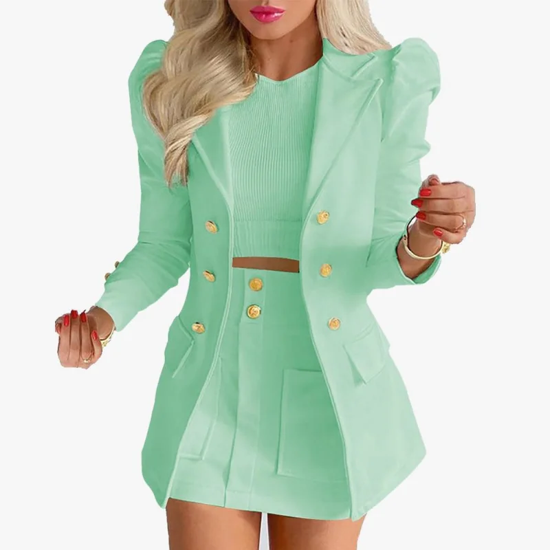2022 Spring New Solid Color Long Sleeve Button Small Suit Jacket + Short Skirt Suit Temperament Commuter Fashion Casual Suit