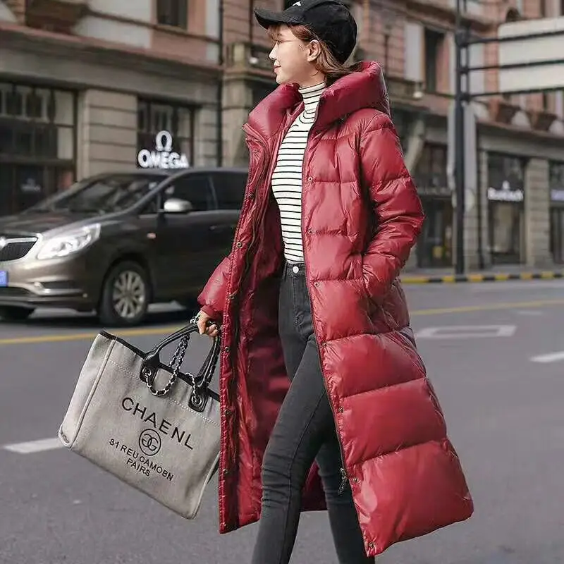 

Ladies Long Down Jacket Fashion Hooded Thick Warm White Duck Down Solid Color Pocket Jacket Women Coats and Jackets Winter 2022