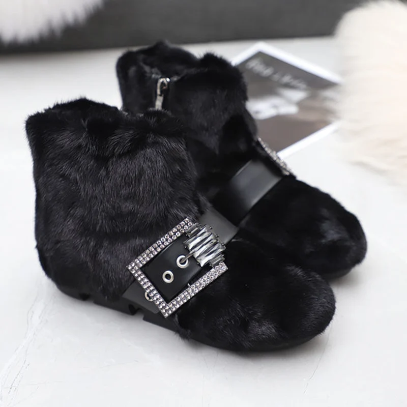 Женские зимние ботильоны на меху плоской подошве модные короткие плюшевые