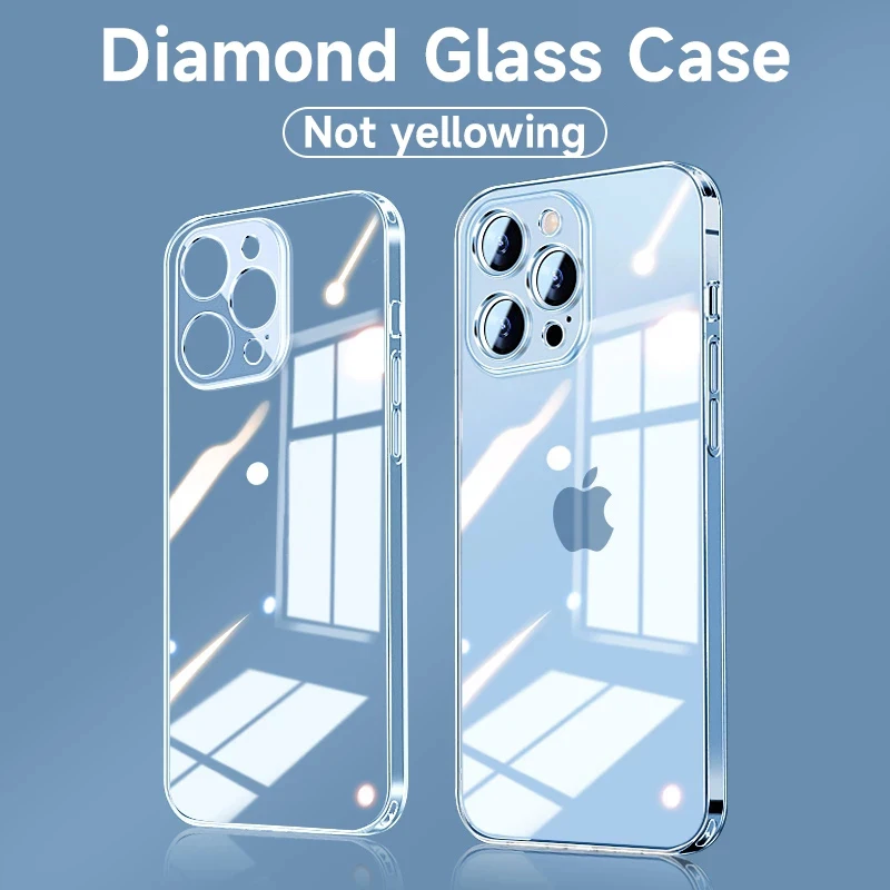 

Luxe Transparante Diamant Gehard Glas Case Op Voor Iphone 13 12 11 Pro Max Mini Zachte Siliconen Bumper Shockproof Clear cover