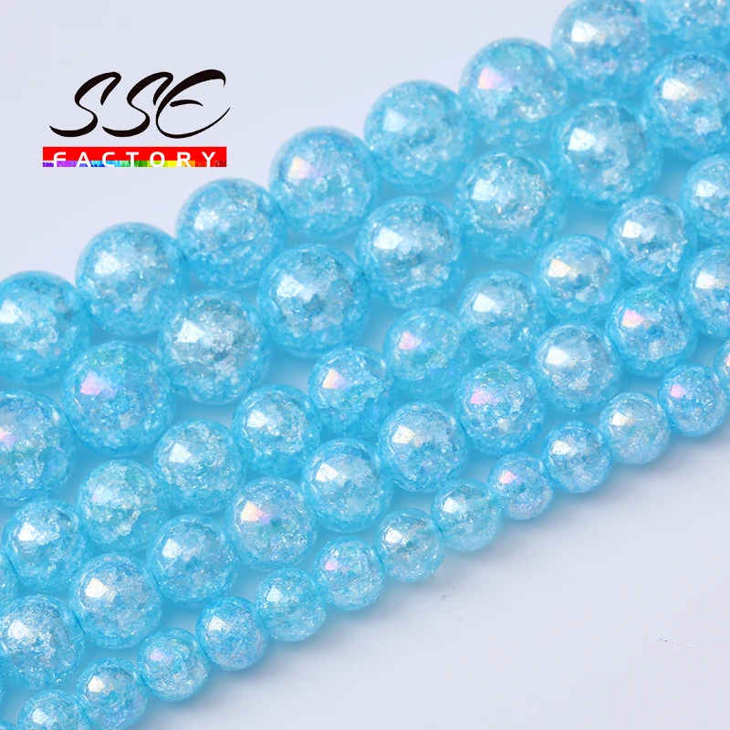 Красочные голубые снежные треснувшие Хрустальные кварцевые стеклянные бусины для изготовления ювелирных изделий, круглые свободные бусины, самодельные браслеты, ожерелья 6 8 10 мм 15 дюймов