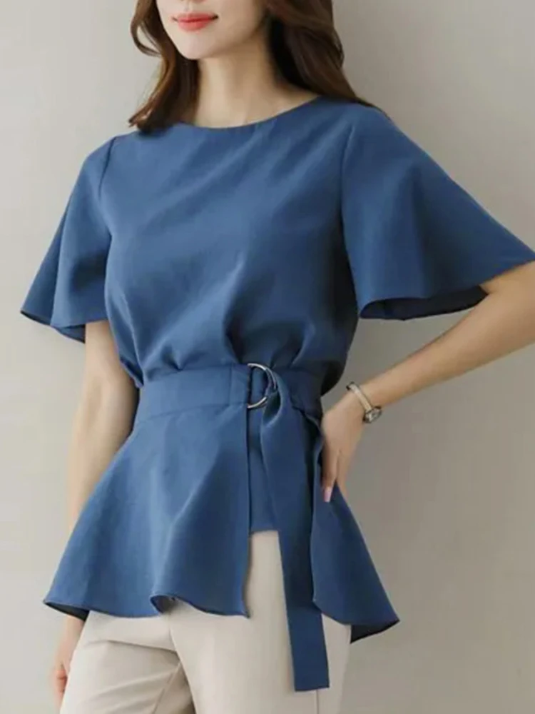 

Блузка ZANZEA женская с запахом, элегантный топ с оборками и баской, модная туника в Корейском стиле с круглым вырезом, Повседневная рубашка с к...