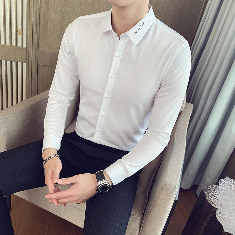

Men's Fashion High-end Embroidery Design Shirt Autumn Korean Version Casual Trend Hairstylist White Long Sleeve Slim-fit Shirt