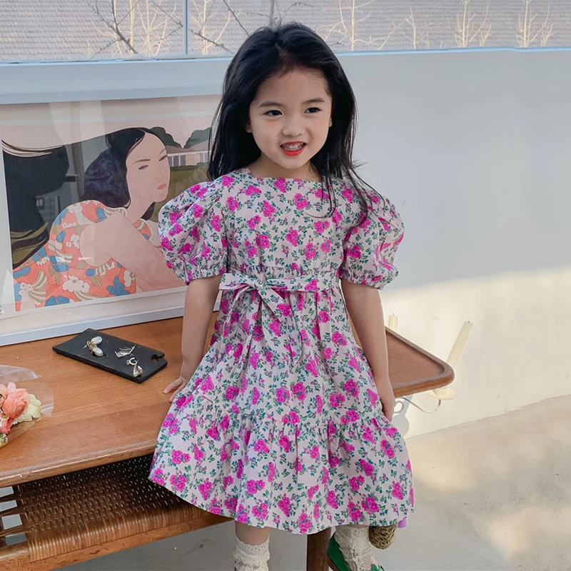 

Rose Red Floral Dress for Girls 2023 Summer French Puff Sleeves Princess Beach Party Dresses 3-7 Years Vestidos Children Clothes