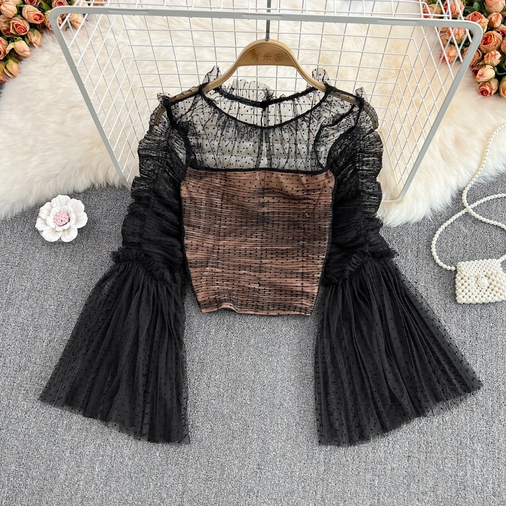 

Elegant Crew Neck Pleated Flared Sleeves Dot Mesh Blouse Women's Short Chiffon Shirts Spring Summer Perspective Blouses Femme