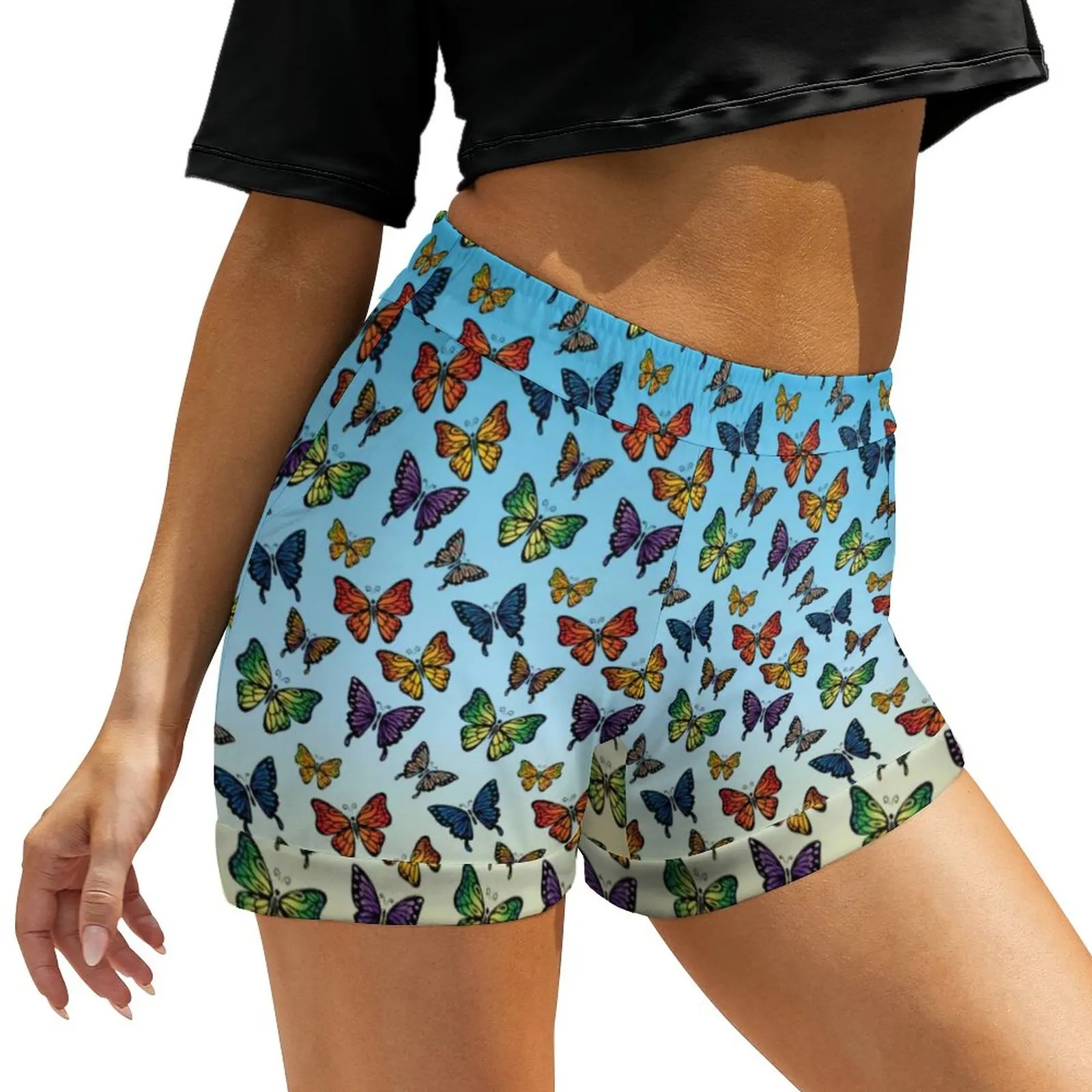 

Multicolored Butterfly Shorts Elastic Waist Butterflies Nature Sunrise Gradient Y2k Print Shorts Kawaii Oversize Short Pants
