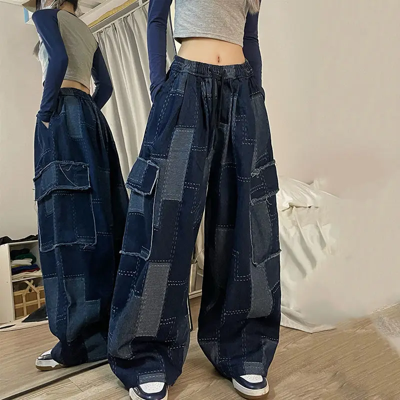 Woman Jeans Japanese Chic Wide Leg Pants Vintage Patchwork Plaid Pocket Trousers Streetwear Y2k Clothes Pantalon 2022 New