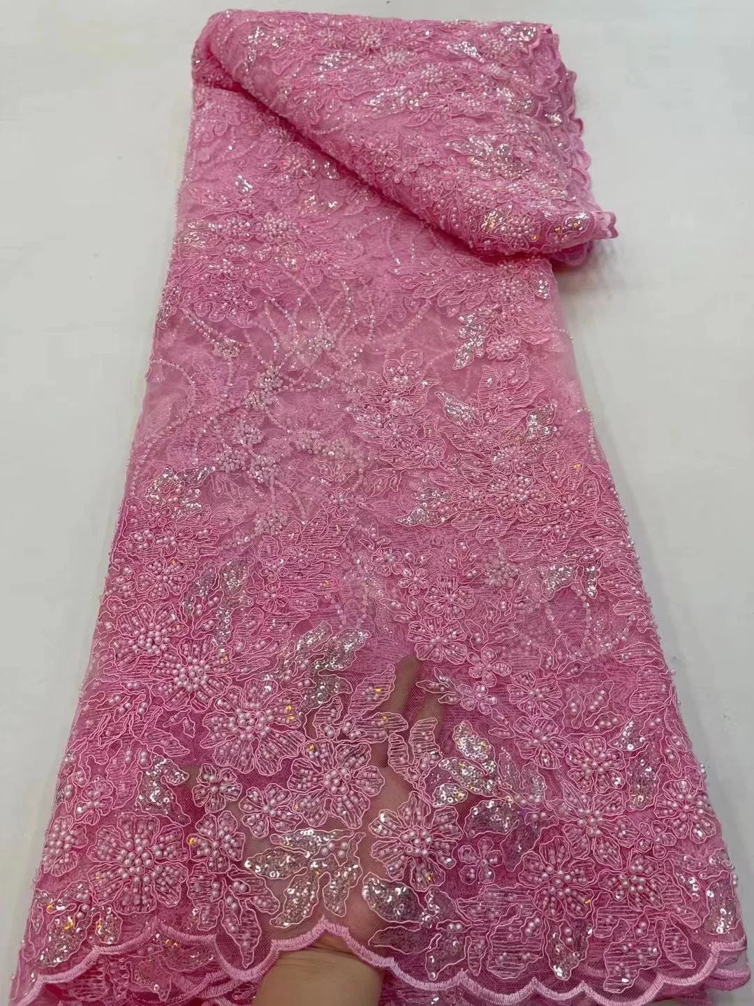 

Pink African 3D Groom Lace Fabric With Sequins Nigerian Mesh Tulle Lace Fabric For Dress Bridal 5Yards French Lace