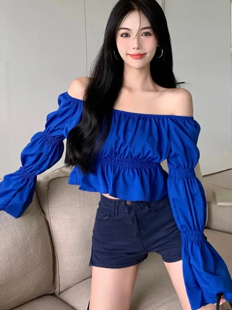 

New Women'S Slim Fit Flare Sleeve Top Ruffled Pure Color Off-The-Shoulder Casual T-Shirt Sexy Top