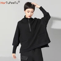 black jacket 2022 autumn winter loose coat turtleneck side split pullover basic long sleeve tops