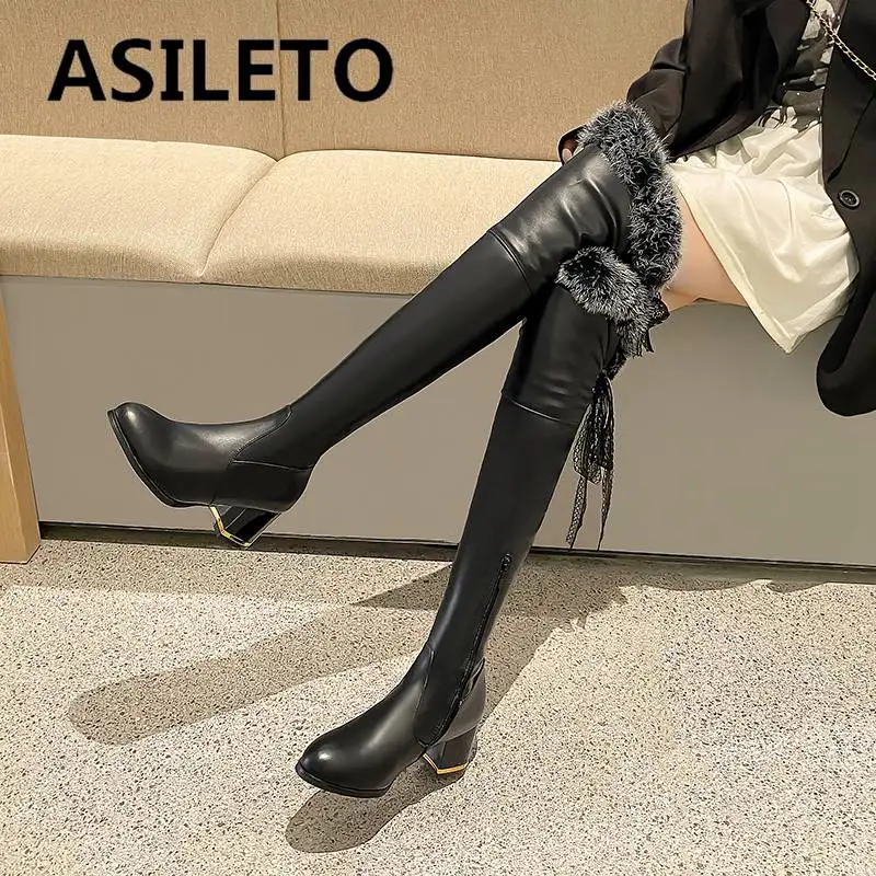 

ASILETO Fashion Lady Thigh Boots 54cm Round Toe Block Heels 6cm Plush Warm Shoes Zipper Ribbon Sexy Party Big Size 45 46 47 48