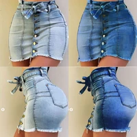 women summer denim skirts high waist button bandage jeans skirt ladies bodycon tassel short skirts