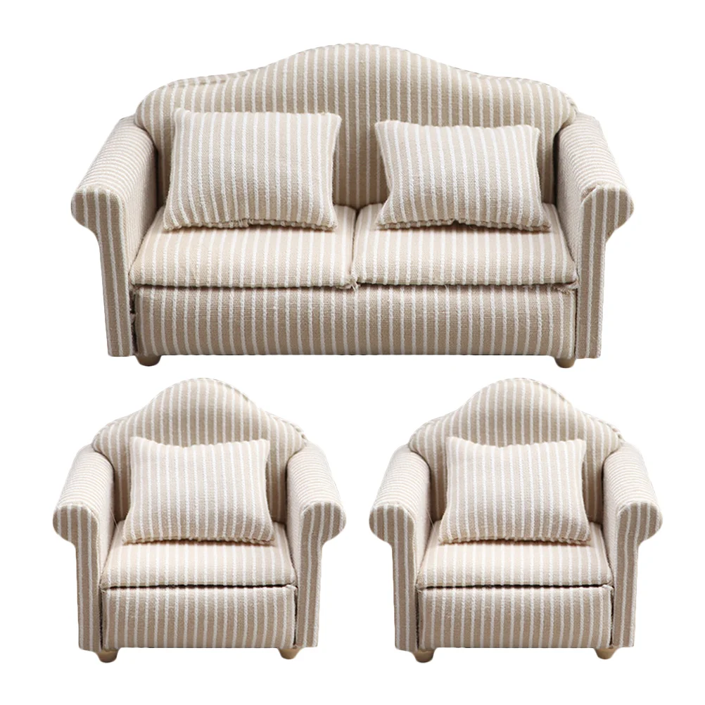 

3 Pcs Dollhouse Sofa White Couches Living Room Decor Couch Wood Furniture Model