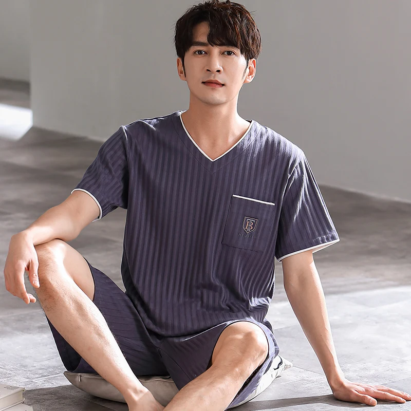 Men Comfortable Pajamas Set 3XL 4XL Short Sleeve Casual Home Wear Spring Summer Cotton Boy Pajama Sets Leisure Sleepwear Set