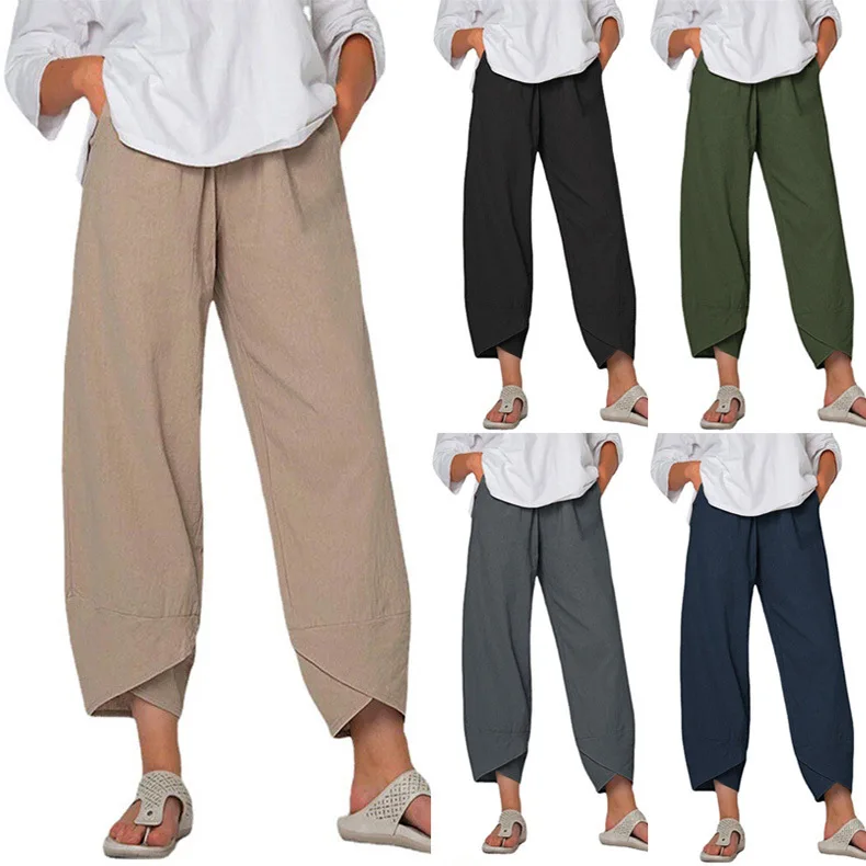 

spring and summer new women's cotton hemp wide leg pants Amazon solid color large size high waist loose casual nine points pants