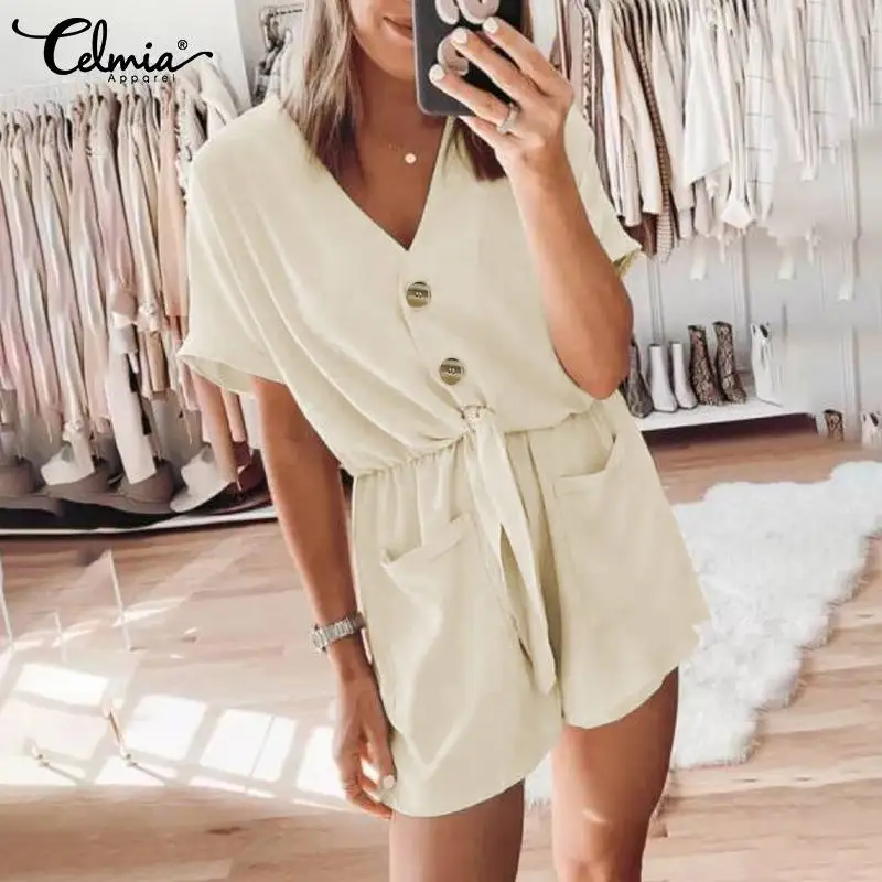 

Celmia Leisure Waisted Overall 2022 Women Solid Short Playsuits Dungarees With Pockets Summer Fashion V Neck Short Sleeve Romper