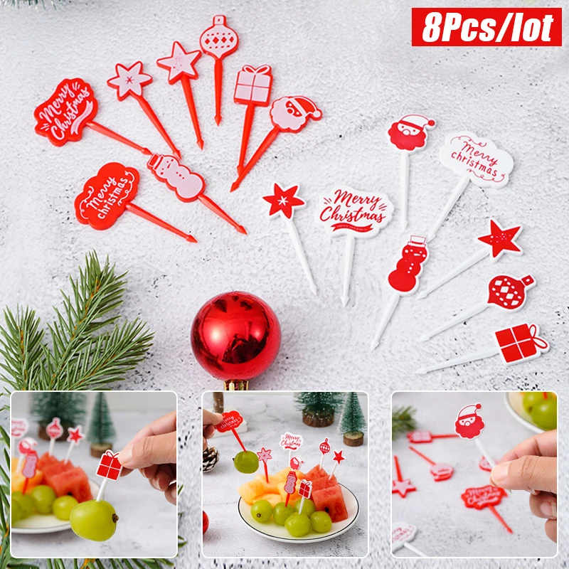 

8pcs/set Mini Cartoon Merry Christmas Fruit Fork Kids Cake Fruit Toothpick Bento Lunch Bento Party Decoration