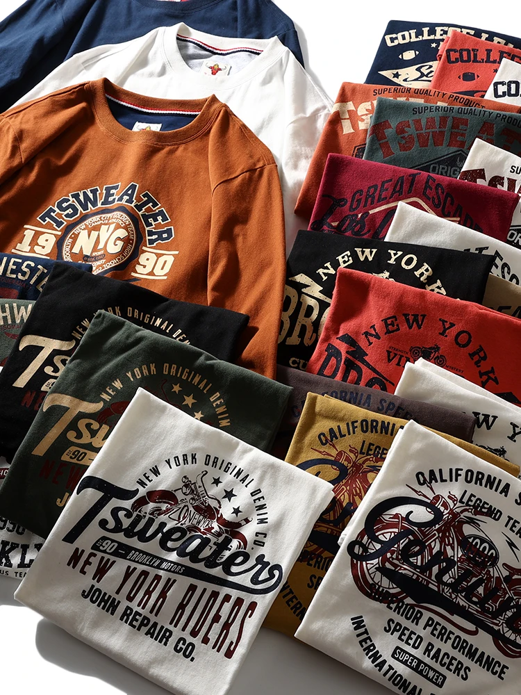 220 Pure Cotton Fabric! Washed Sanding! Foreign Trade Men's Clothing Autumn Casual Print round Neck Bottoming Long sleeve T-s...