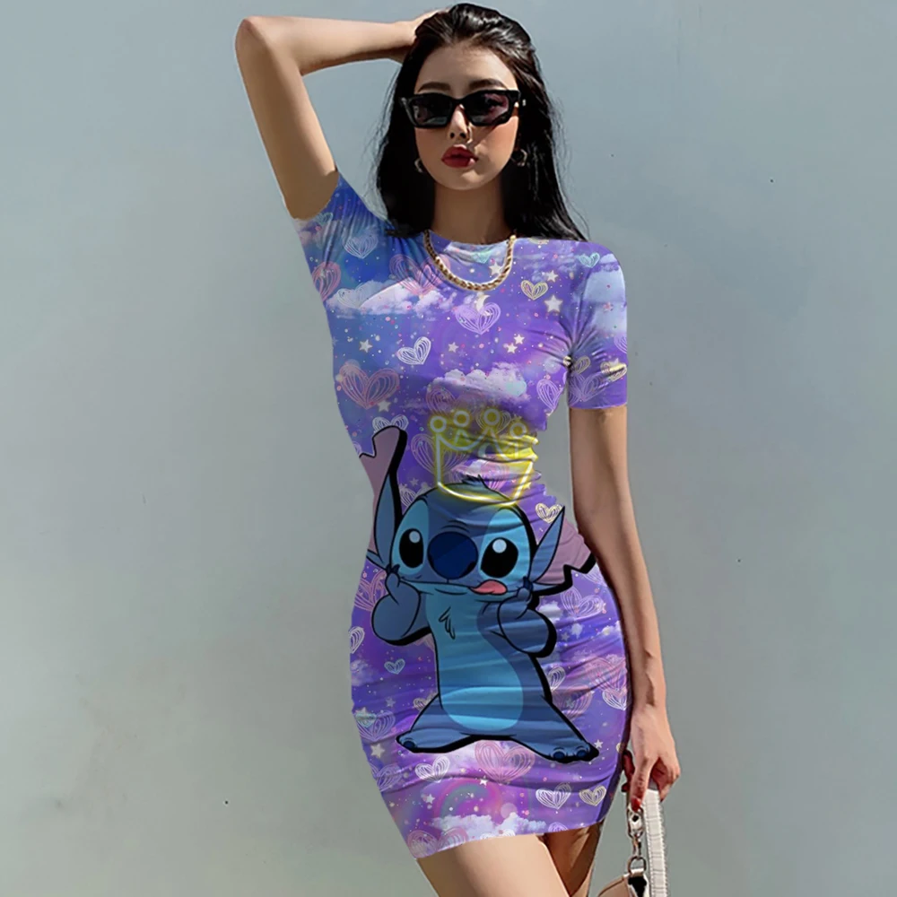 

Disney's Lilo & Stitch Print 2022 Summer Short sleeve Party Dress for Girls Luxury Sexy Bodycon tight Dresses Vestido de Mujer