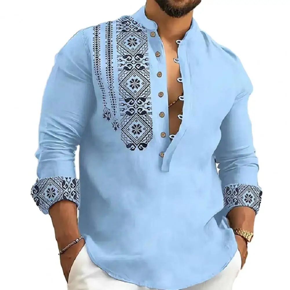 

2023 New Spring And Autumn Men's Shirt Long Sleeve Retro Solid Color Slim Stand Collar Men's Casual Style Large Size Shirt