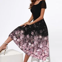 fashion square neck party dress for women summer elegant floral printed long dresses casual short sleeve big swing dresses