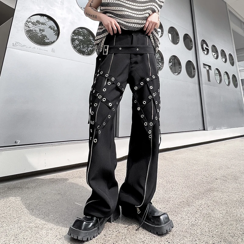 

SuperAen Rivet Hole Design Long Pants for Women Metal Heavy Zipper Straight Casual Long Pants
