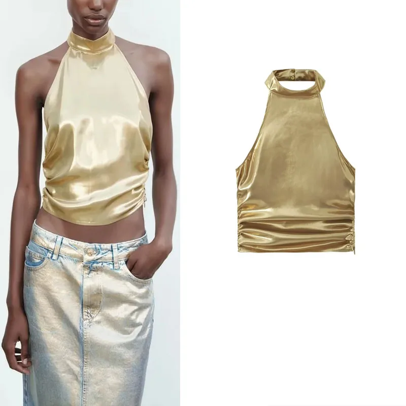 

TRAF 2023 Woman Metallic Halter Top Fashion Off Shoulder Sleeveless Crop Tops Sexy Backless Side Ruching Cami Women Streetwear