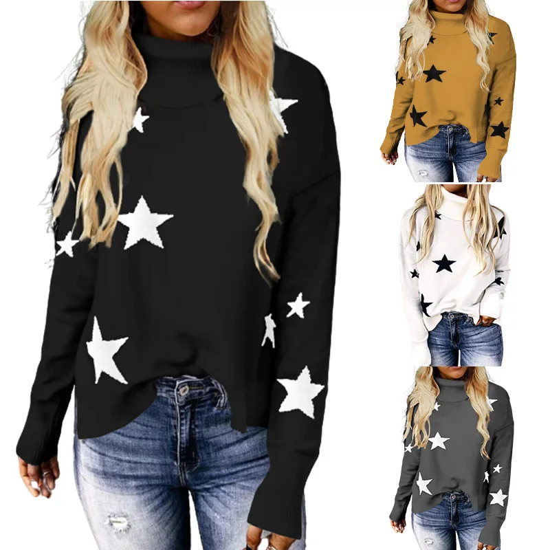 

Autumn and Winter Popular Knitted Sweater Women's Star Pattern High Neck Long Sleeve Pullover Women's Sweater