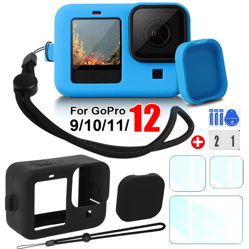 Фото Для GoPro Hero 12 11 10 9 Силиконовый чехол Защитный рукав Ремешок HD Защитная крышка для экрана из закаленного стекла для GoPro 12 Черный №1