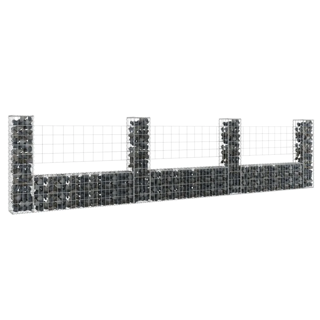 

U-shape Gabion Basket with 4 Posts, Iron Outdoor Privacy Screen, Garden Decoration 380x20x100 cm
