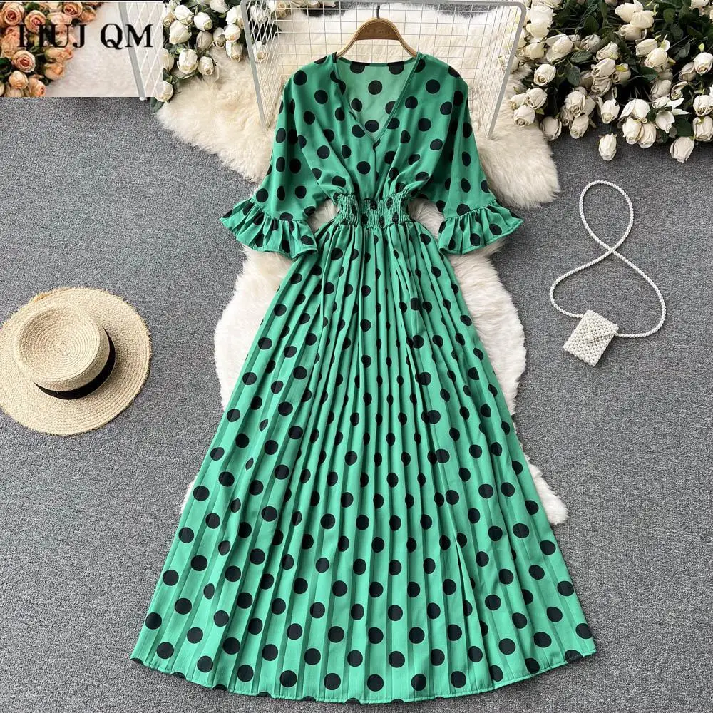 

Женское дизайнерское плиссированное платье макси, летнее привлекательное длинное платье в горошек с V-образным вырезом, Расклешенным рукав...
