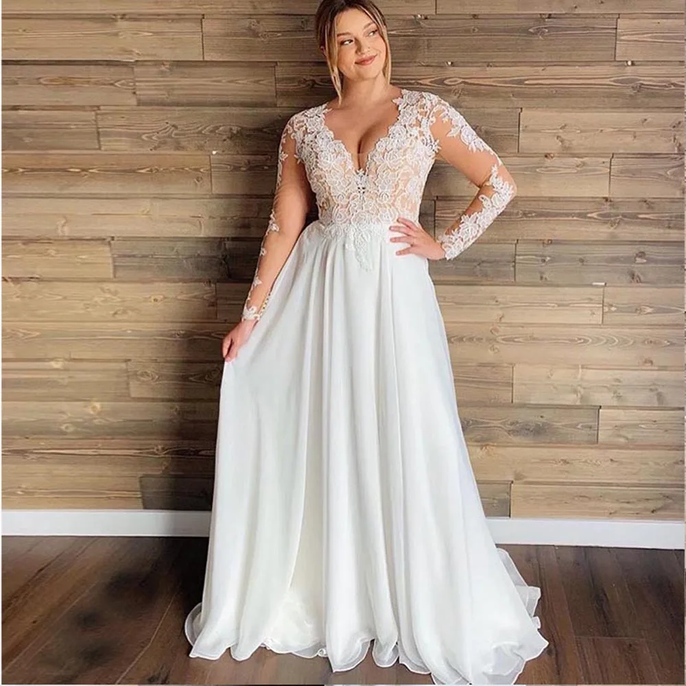

Roseca Ye Wedding Dress 2022 Long Sleeves Chiffon Appliques Beach Bridal Dress Long Sleeves Cheap High Quality Wedding Gowns