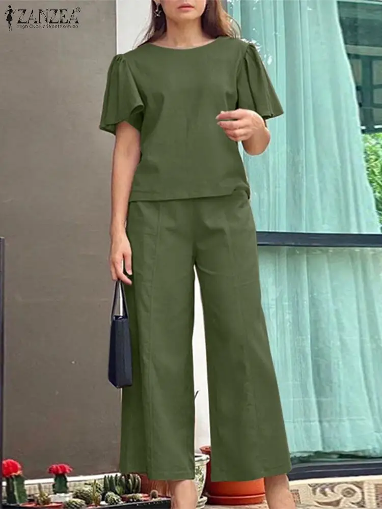 

Женский офисный костюм ZANZEA, офисная одежда, Летняя короткая блузка для сна и широкие брюки, модные однотонные комплекты, городские спортивные костюмы