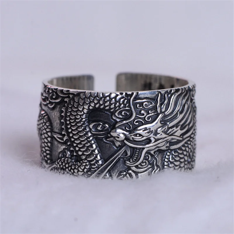 

S999 fine silver restoring ancient ways men ring China wind dragon world silver ring inside carving buddhist heart sutra