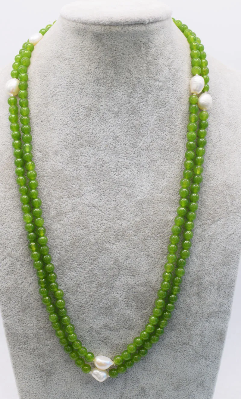 

yellow green jade round 6mm and freshwater pearl white baroque long necklace 45" nature wholesale