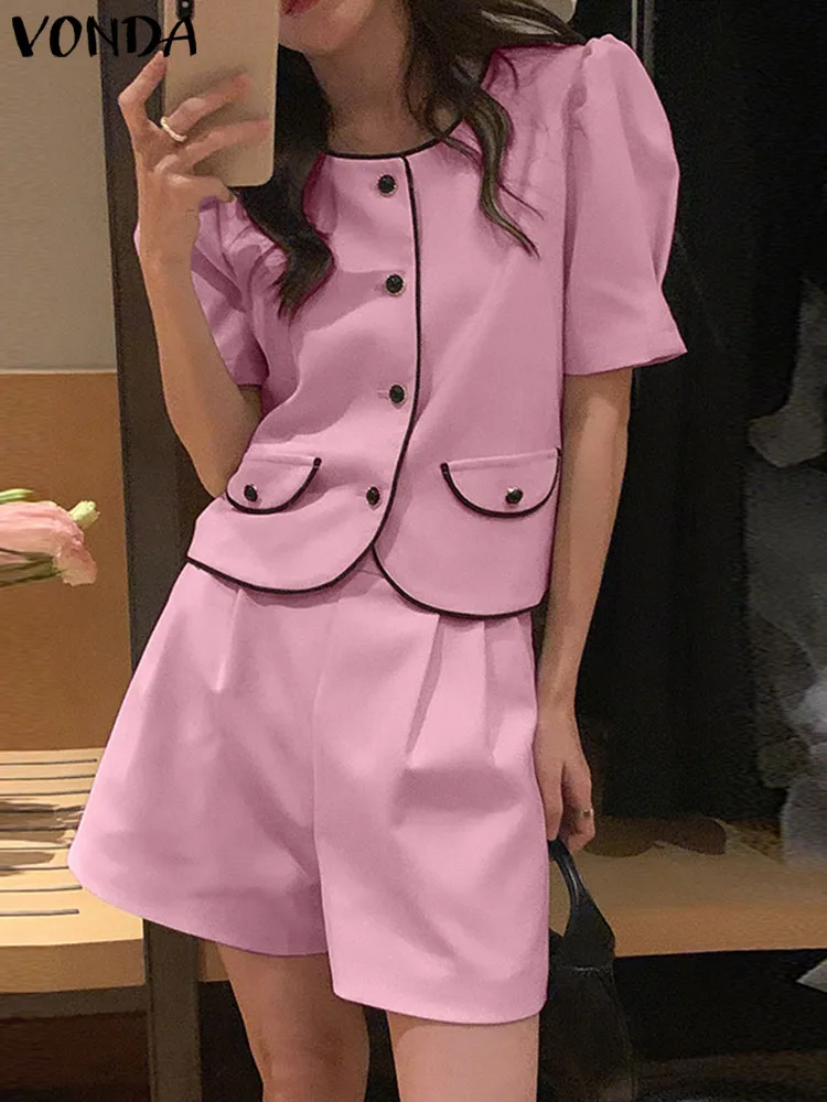 

Elegant Women Short Sets VONDA Fashion 2023 Summer Short Puff Sleeve Buttons Solid Color Top Pleated Shorts Casual Matching Sets